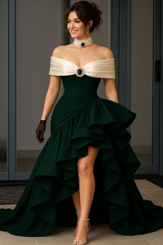 Elegant Black White A Line Off the Shoulder Ruffle Satin Prom Dress Evening Dress with Slit DP3267