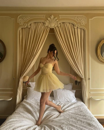 Sweety Yellow A Line Straps Tulle Short Prom Dress Homecoming Dress Outfits DP6818