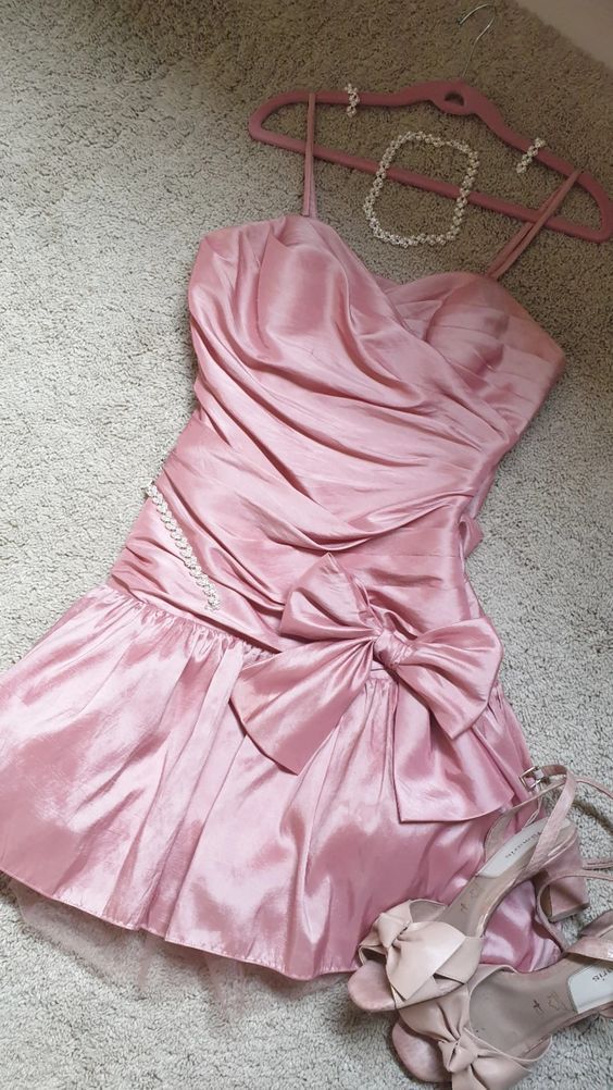Cute A Line Spaghetti Strap Bow Pink Satin Short Homecoming Dress Birthday Dress DP1653
