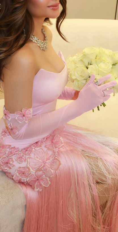 Gentle Pink Sheath Strapless Appliques Beaded Satin Long Prom Dress Wedding Guest Dress DP4083