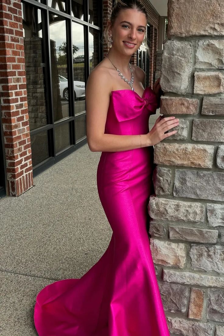 Hot Pink Mermaid Strapless Bow Satin Long Prom Dress Evening Dress DP1135