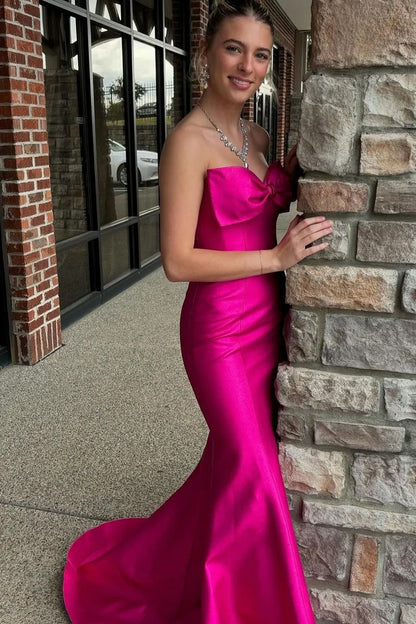 Hot Pink Mermaid Strapless Bow Satin Long Prom Dress Evening Dress DP1135