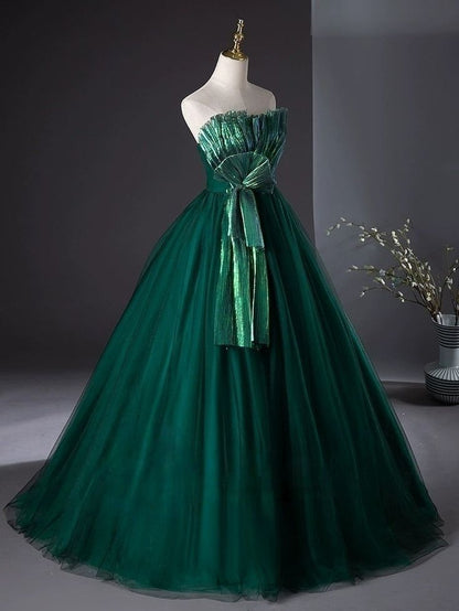 Green A Line Strapless Tulle Ball Gown Prom Dress DP1012