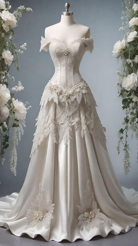 A Line Off Shoulder White Wedding Dress Lace Princess Dress DP3630