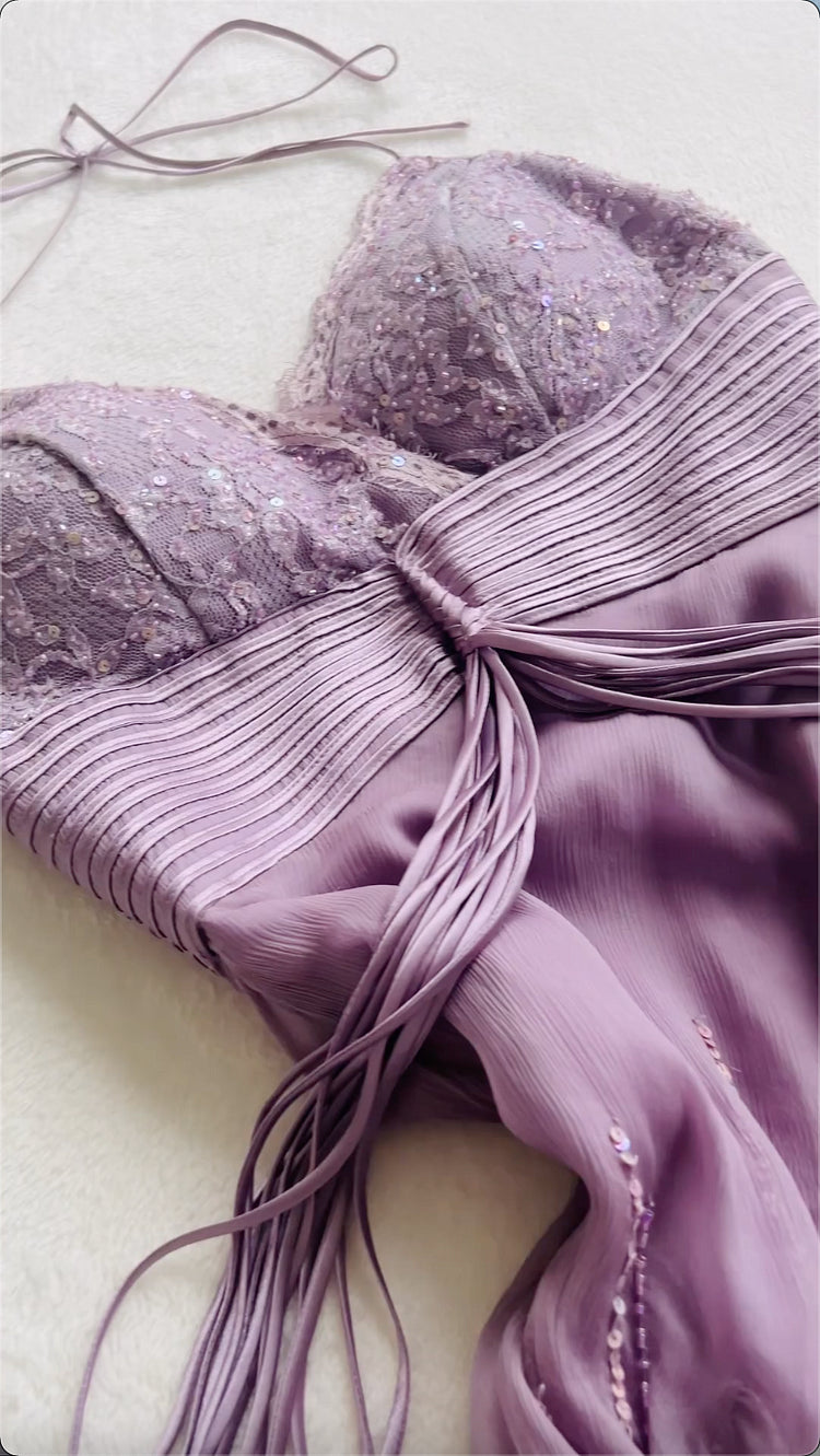 Purple A Line V Neck Ruffle Beaded Chiffon Backless Prom Dress Evening Dress DP1211