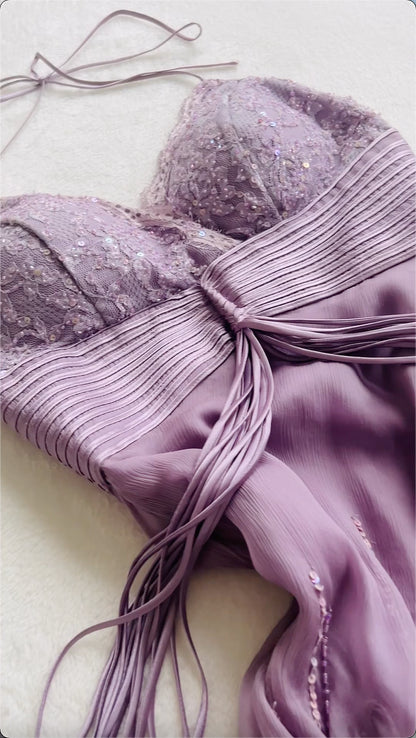 Purple A Line V Neck Ruffle Beaded Chiffon Backless Prom Dress Evening Dress DP1211
