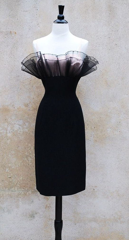 Cute Sheath Spaghetti Strap Black Pink Tulle Satin Short Homecoming Dress DP1639