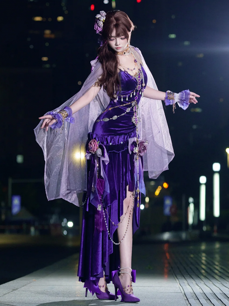 Stunning Purple Mermaid Spaghetti Strap Ruffle Velvet Prom Dress DP4158(Accessories not included)