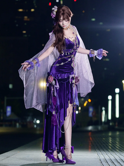 Stunning Purple Mermaid Spaghetti Strap Ruffle Velvet Prom Dress DP4158(Accessories not included)