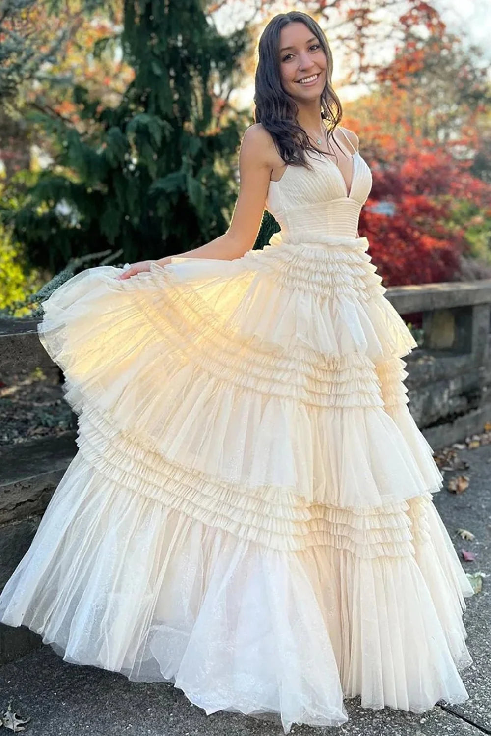 Apricot Ball Gown Spaghetti Strap Layered Tulle Long Prom Dress DP7748