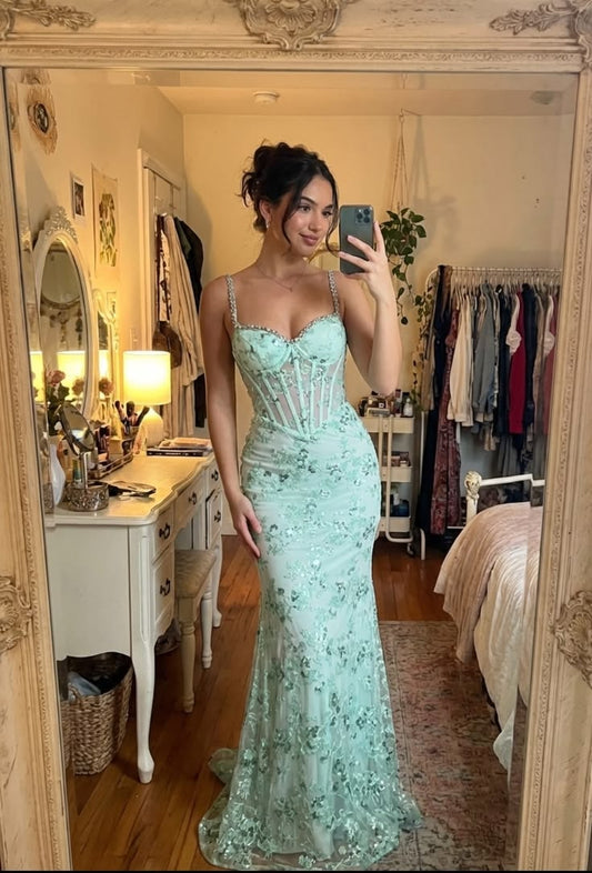 Beautiful Green Sheath Spaghetti Strap Sequin Tulle Prom Dress Graduation Prom Dress DP6653