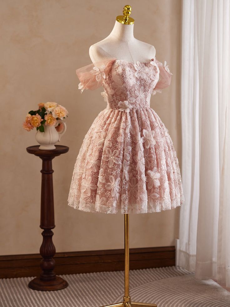 Pink Vintage Off-the-shoulder Flower Appliques Tulle Homecoming Dress DP846