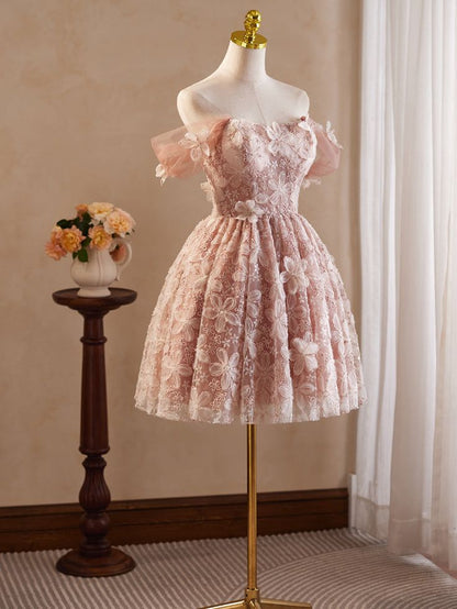 Pink Vintage Off-the-shoulder Flower Appliques Tulle Homecoming Dress DP846