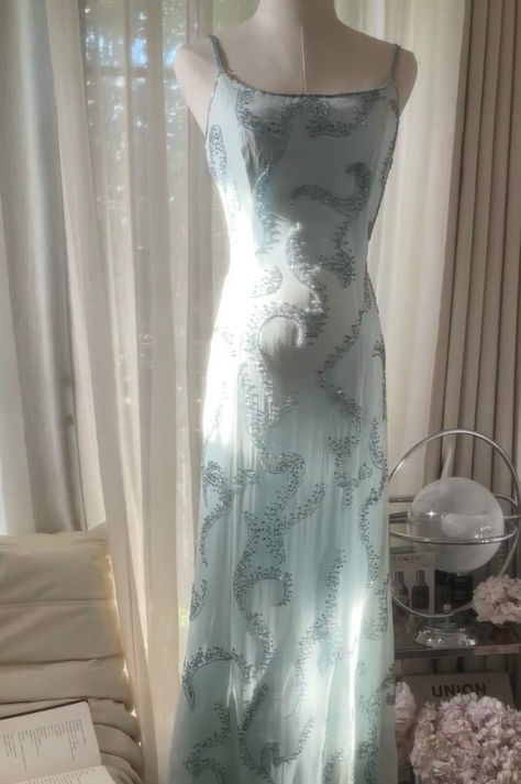 Baby Blue A Line Spaghetti Strap Beaded Chiffon Long Party Dress Evening Dress DP2338
