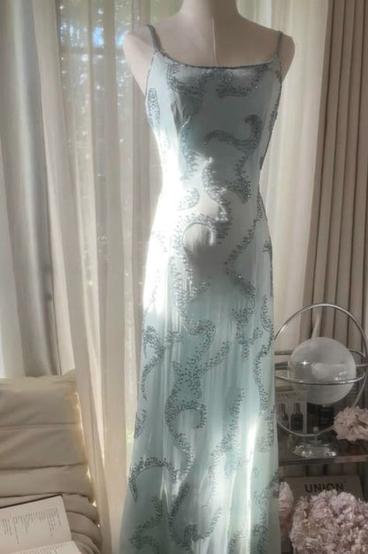 Baby Blue A Line Spaghetti Strap Beaded Chiffon Long Party Dress Evening Dress DP2338