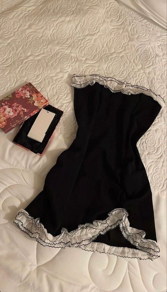 Black A Line Strapless Satin Mini Dress Birthday Outfits Homecoming Dress DP1341