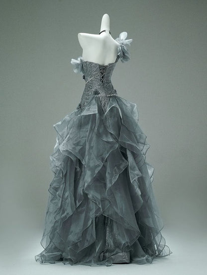 Princess Grey Ball Gown 3D Floral Beaded Ruffle Organza Prom Dress 16th Birthday Dress DP5391