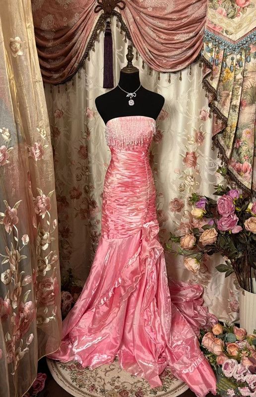Vintage Mermaid Strapless Rhinestone Pink Satin Long Prom Dress Graduation Prom Dress DP2047