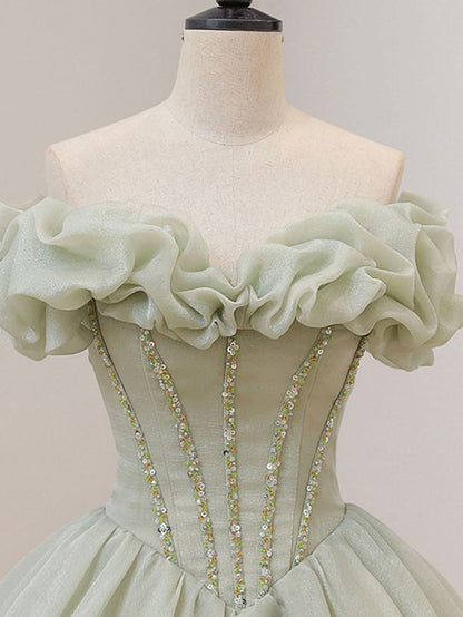 Sweet A Line Strapless Tulle Green Long Prom Dress with Sequin DP751