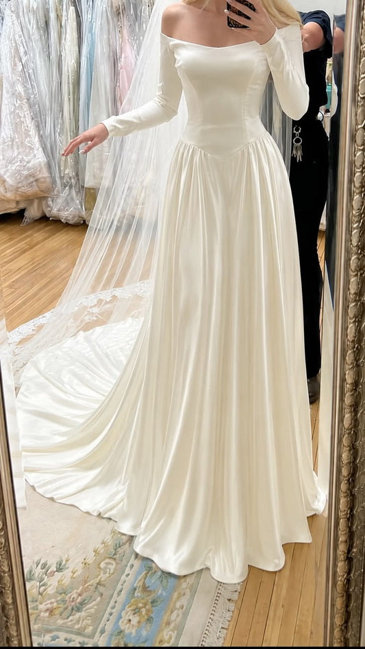 Simple A Line Long Sleeve White Satin Long Wedding Dress DP7200