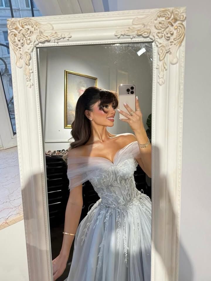 Blue Grey A Line Off the Shoulder Beaded Tulle Prom Dress Evening Dress DP5771