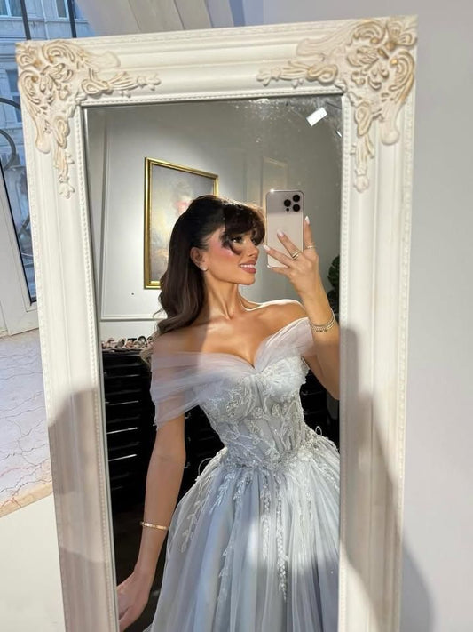 Blue Grey A Line Off the Shoulder Beaded Tulle Prom Dress Evening Dress DP5771