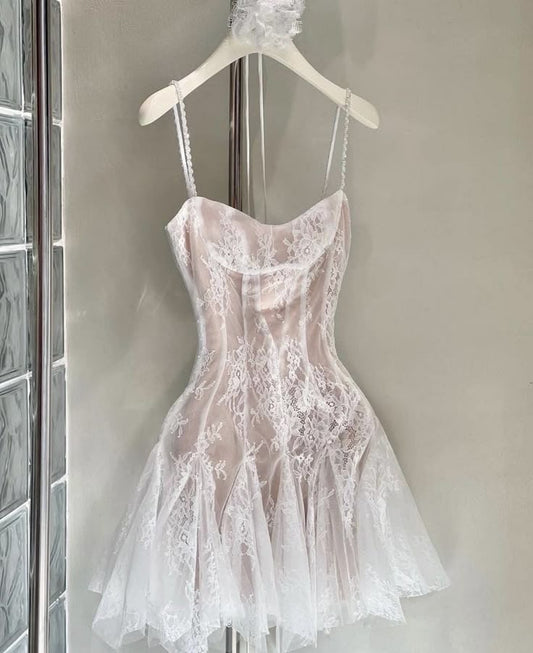 Fashion A Line Spaghetti Straps White Lace Mini Homecoming Dress DP2757