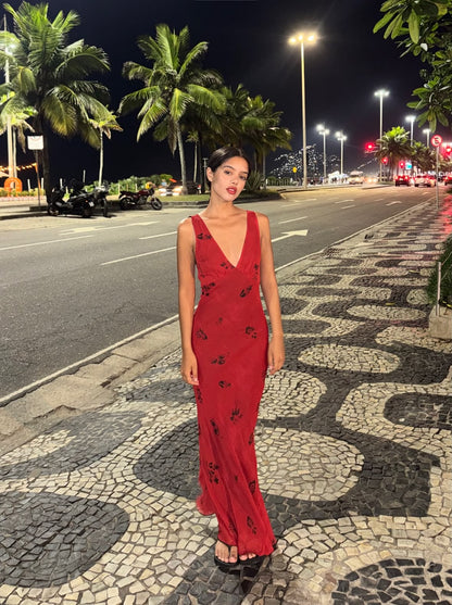 Red Print Sheath V Neck Chiffon Long Prom Dress Evening Dress Outfits DP7185
