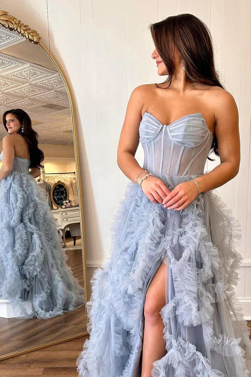 Blue A Line Strapless Ruffle Tulle Long Prom Dresses with Slit DP1070