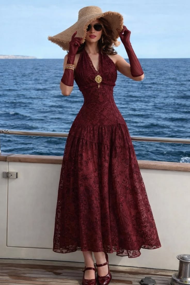Elegant A Line Halter Burgundy Lace Backless Prom Dress Evening Dress DP6743