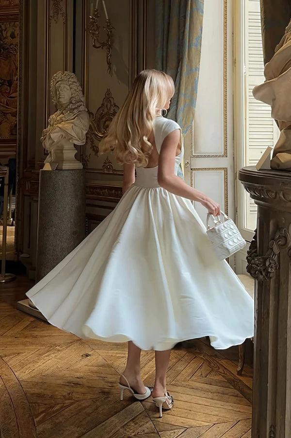 Simple Backless A Line White Satin Prom Dress Party Evening Dress DP5374