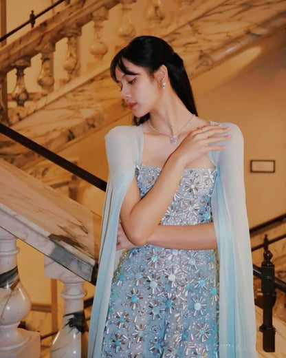 Classy A line Strapless Sleeveless Chiffon Light Sky Blue Long Prom Dresses DP2945