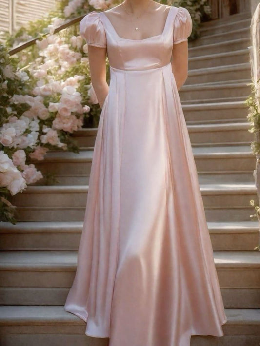Classic Light Pink A Line Puff Satin Prom Dress Formal Dress Birthday Dress DP3392