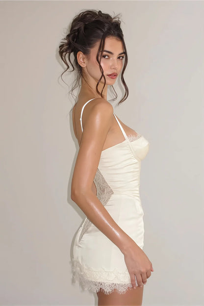 Ivory Sheath Spaghetti Strap Lace Satin Short Homecoming Dress DP7416