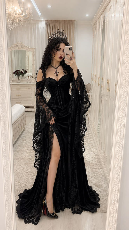 Charming Black Mermaid Lace Velvet Long Prom Dress Evening Dress with Slit DP6697