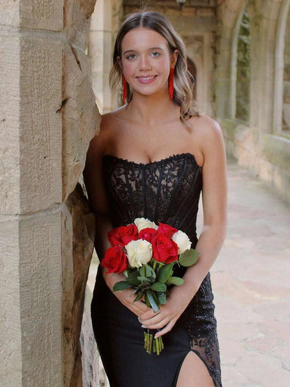 Mermaid Strapless Black Tulle Lace Long Prom Dress Evening Dress DP1222