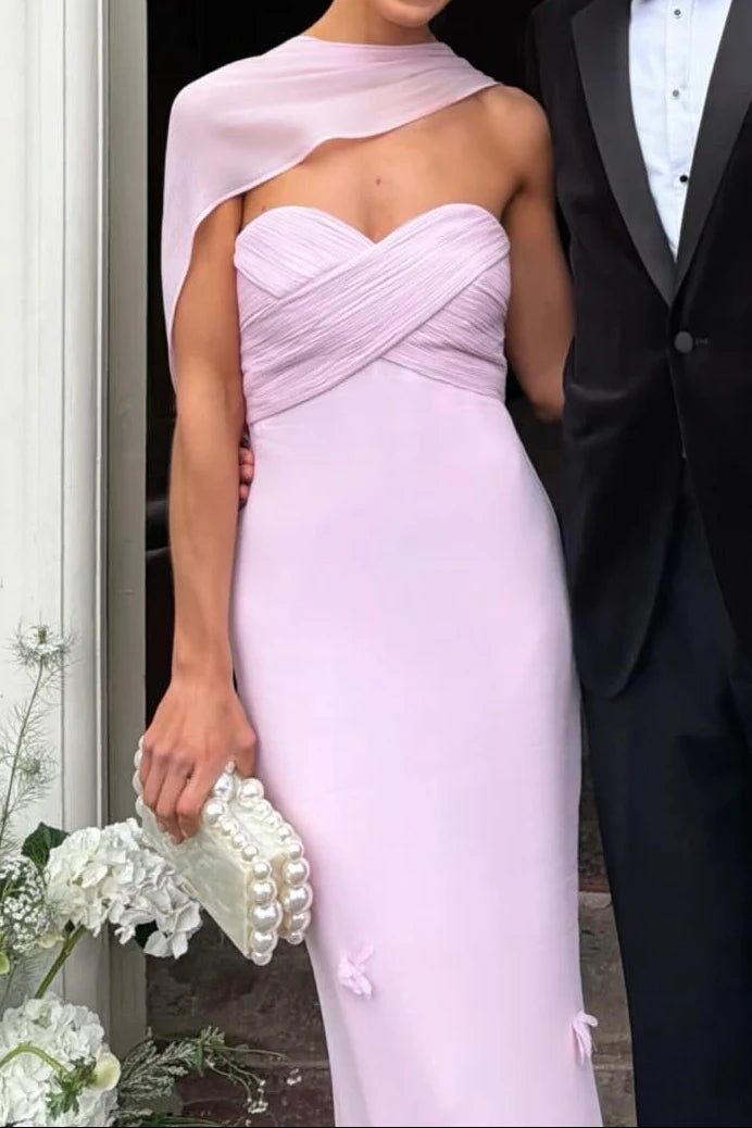 Pink Sheath Strapless Sweetheart Cape Gown with 3D Florals Prom Dress Evening Dress DP7608