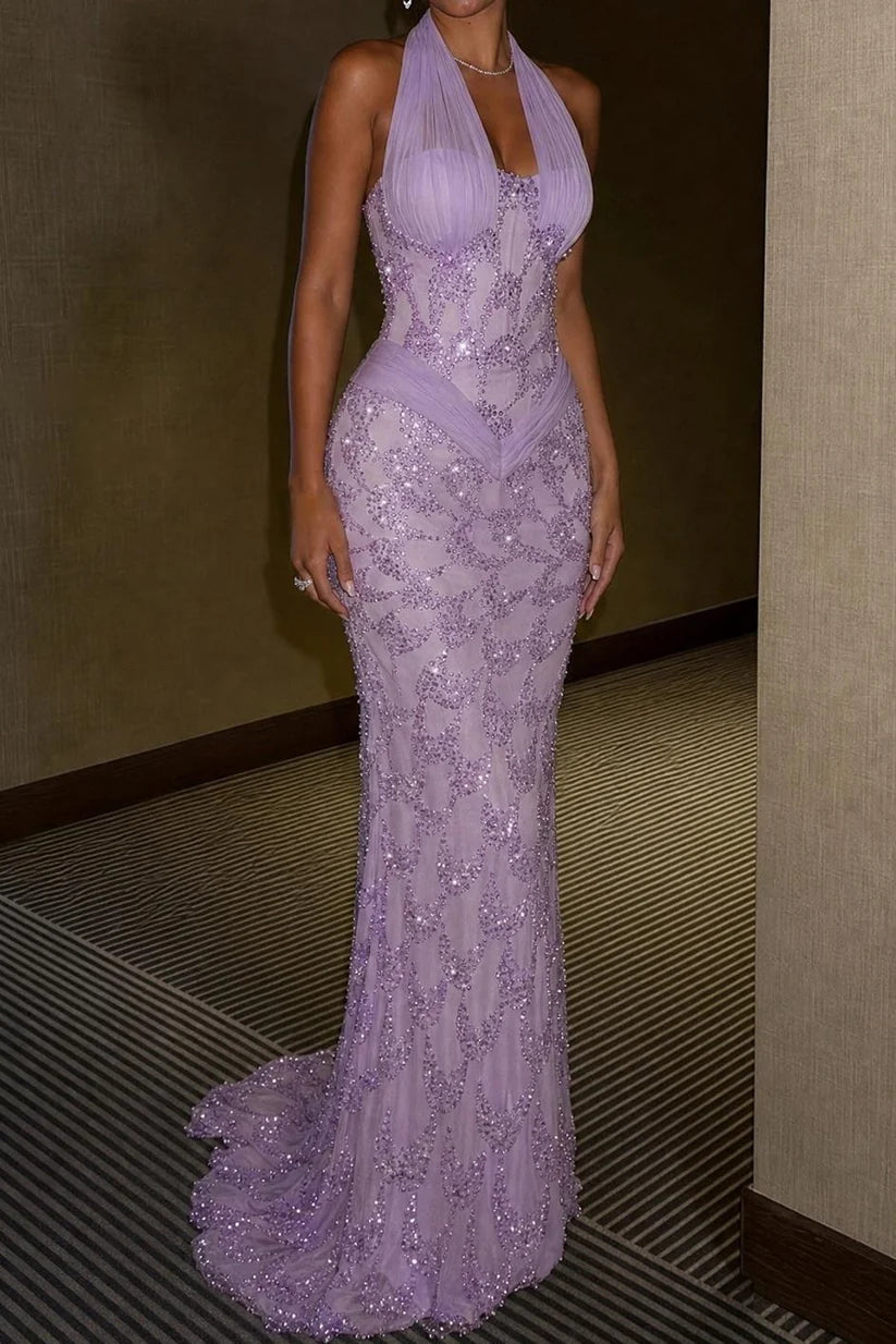 Halter Sequin Mermaid Gown with Ruched Accents Prom Dress DP7602