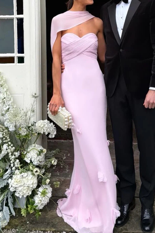 Pink Sheath Strapless Sweetheart Cape Gown with 3D Florals Prom Dress Evening Dress DP7608