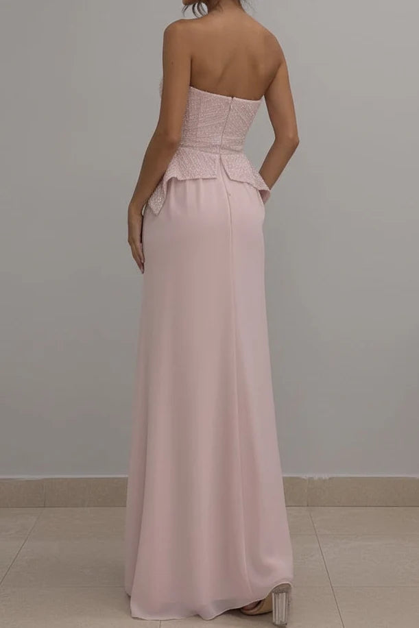 Light Pink Strapless Beaded Peplum Chiffon with High Slit Prom Dress Evening Dress DP7606
