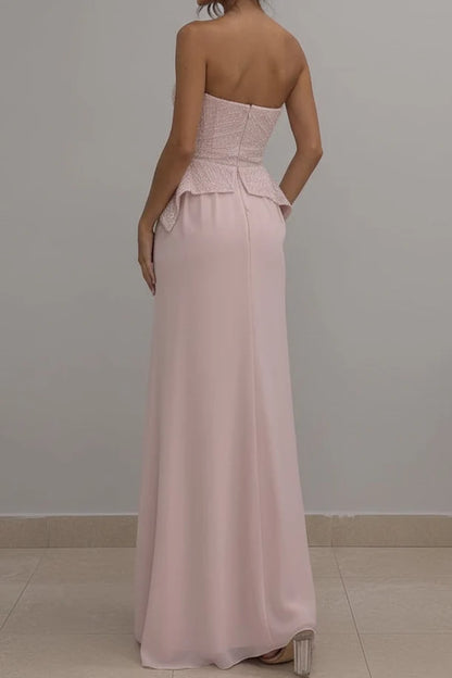 Light Pink Strapless Beaded Peplum Chiffon with High Slit Prom Dress Evening Dress DP7606