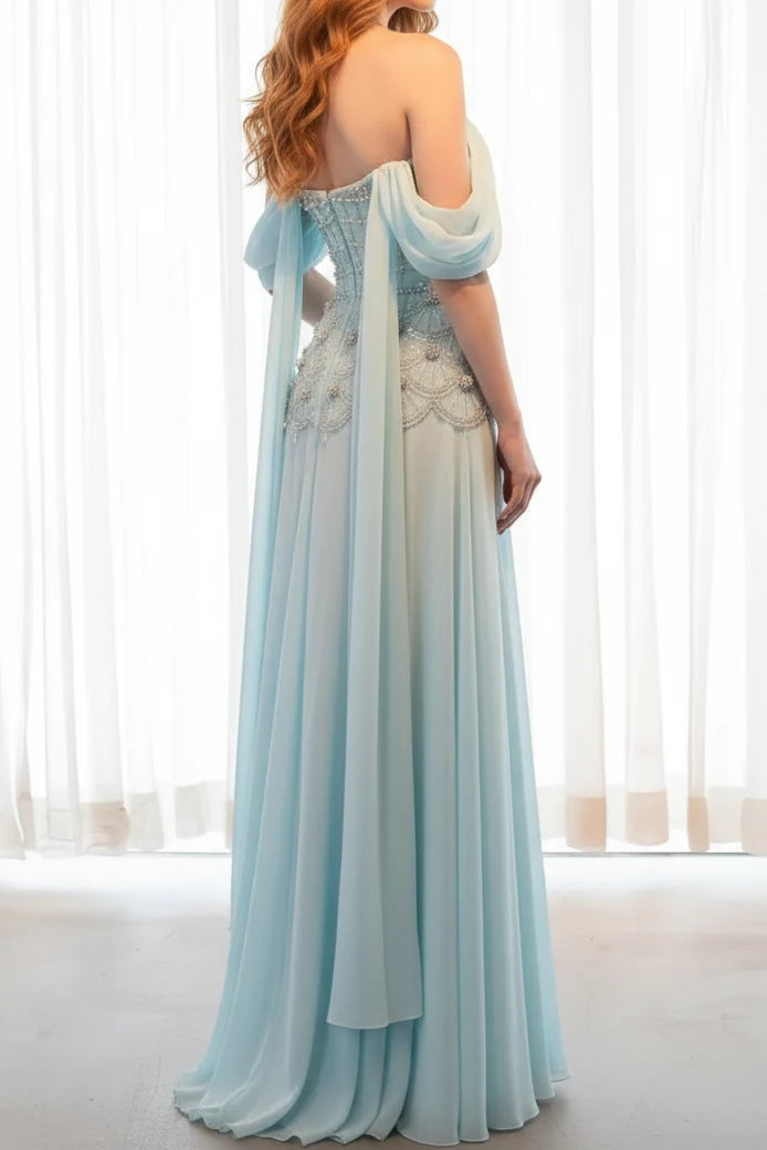 Baby Blue A Line Pearl Beaded Corset Chiffon Prom Dress Evening Dress DP7612