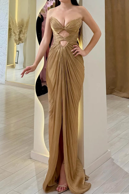 Brown Strapless Pleated Cut-Out High Slit Prom Dress Evening Dress DP7614