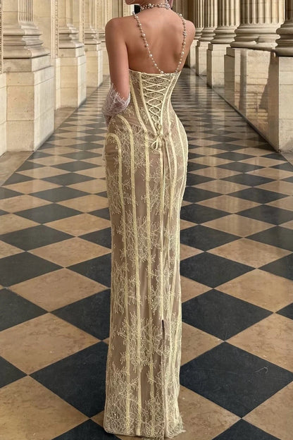 Sexy Yellow Lace Corset Column with Lace-Up Back Prom Dress Evening Dress DP7609