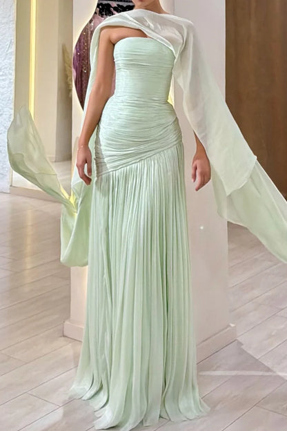 Green Strapless Ruched Pleated Gown with Detachable Cape Prom Dress Evening Dress DP7613