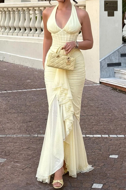 Yellow Mermaid Halter Corset Ruched Maxi Dress with Ruffle Prom Dress DP7604
