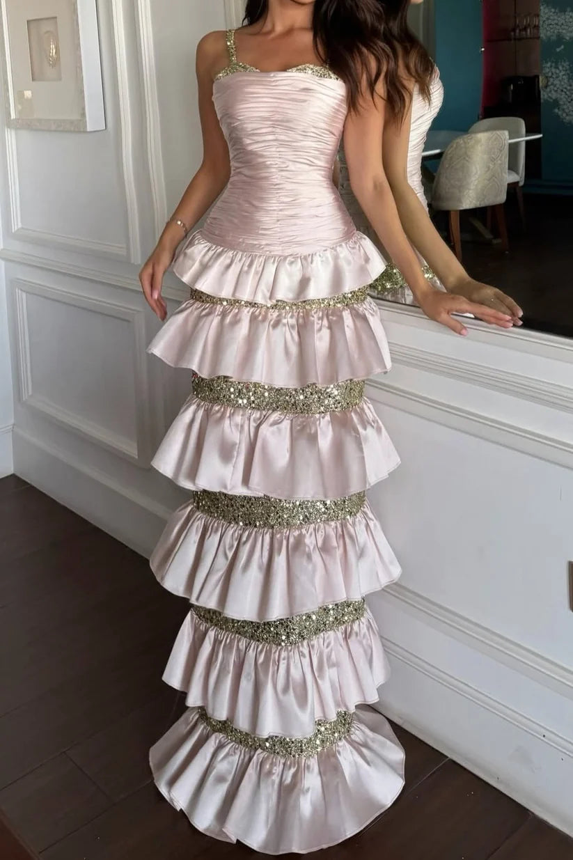 Pink Sheath Ruched Tiered Maxi Gown with Crystal Straps Prom Dress DP7605