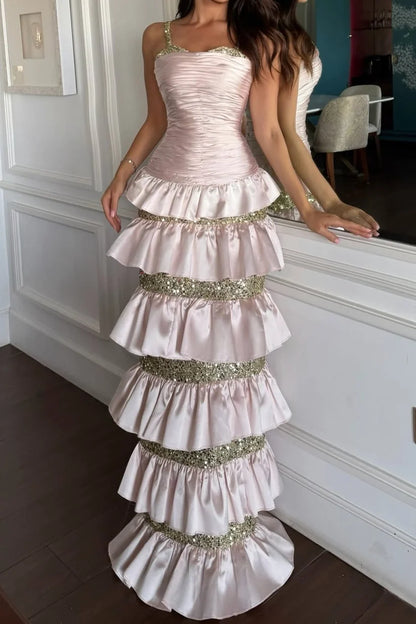 Pink Sheath Ruched Tiered Maxi Gown with Crystal Straps Prom Dress DP7605