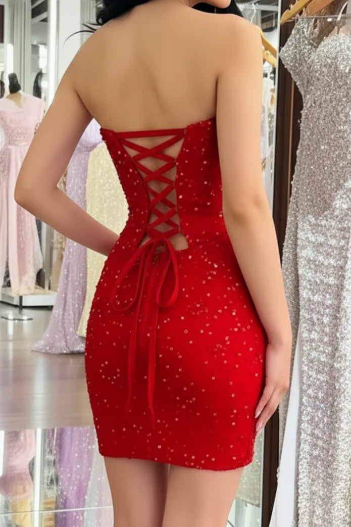 Sexy Red Sheath Strapless Corset Rhinestone Tulle Short Homecoming Dress DP7688