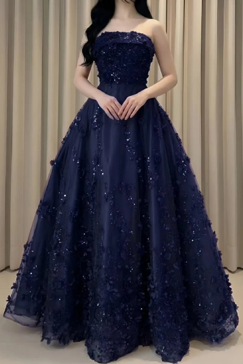 Navy Blue A Line Strapless Sequin and 3D Flower Ball Gown Prom Dress Evening Dress DP7607